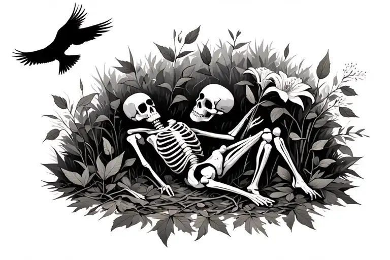 Skeleton lying in the forest among autumn leavesIn hands - a white lily Above - the silhouette of a bird taking off tattoo design idea