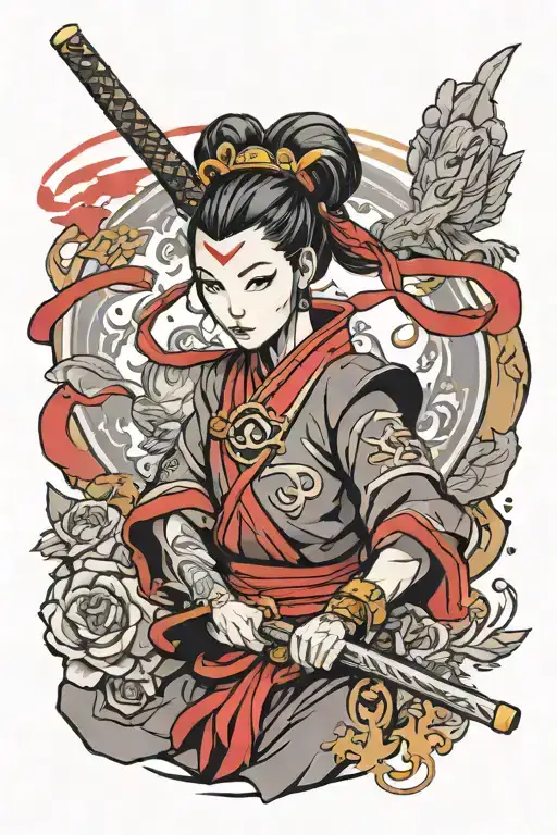 Avatar kyoshi, portrait, battle fans in the background, black and red tattoo design idea