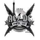 The ACDC logo with the Eiffel Tower and the Stade de France and PWR UP 2025 tattoo design idea