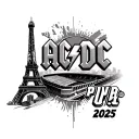 The ACDC logo with the Eiffel Tower and the Stade de France and PWR UP 2025 tattoo design idea