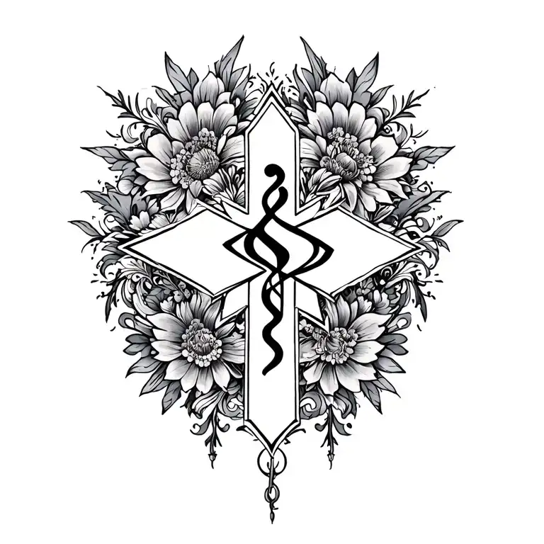 Star of life surrounded by intricate floral patterns tattoo design idea