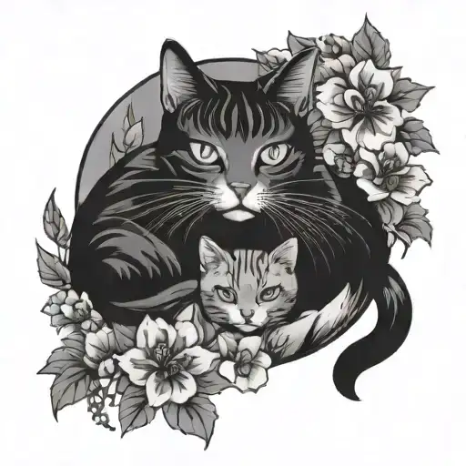 Japanese style cats and flowers tattoo design idea
