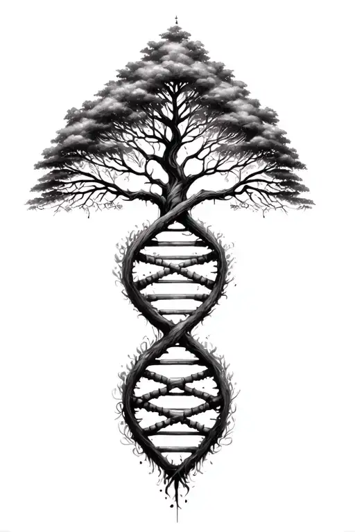 Tree of Life growing + DNA double helix intertwined tattoo design idea