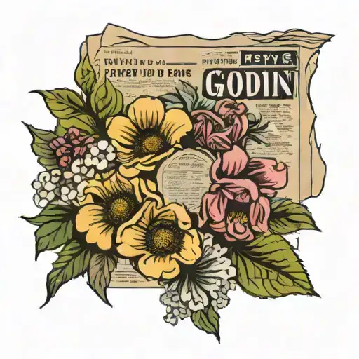 newspaper with good news slogan as headline and August 9th 1922 as release date with flowers around the newspaper tattoo design idea