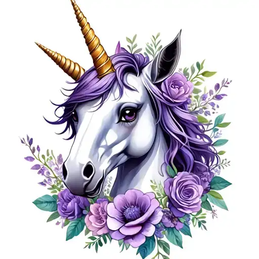 soft purple flowers surrounding a magical baby unicorn tattoo design idea