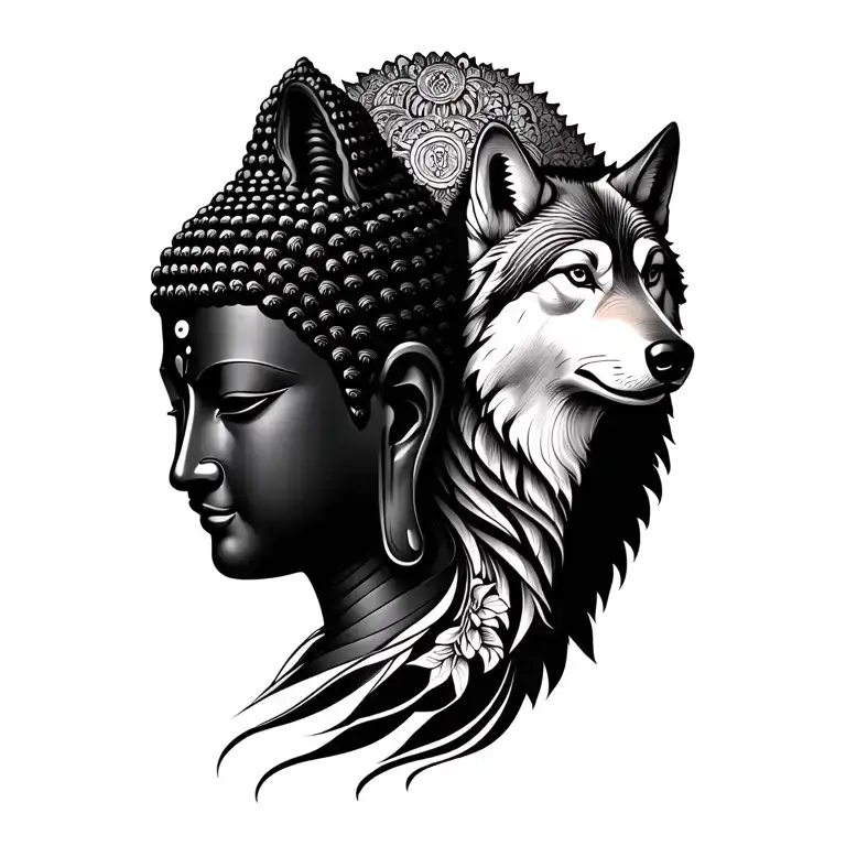 Buddha and wolf standing back to back tattoo design idea