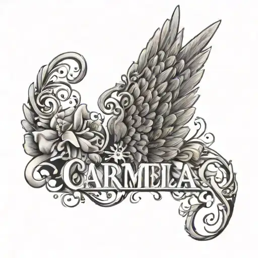 name Carmela with angel wings tattoo design idea