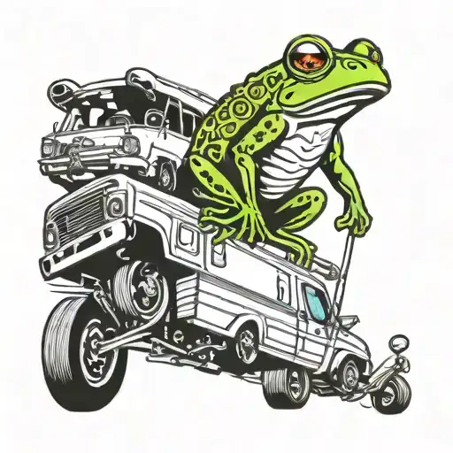 tow truck frog towing a RV  tattoo design idea