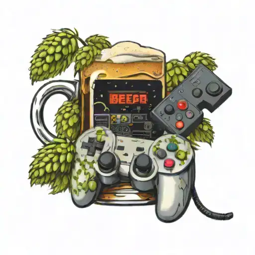 A realistic beer mug overflowing with hops and barley, surrounded by pixelated video game controllers tattoo design idea