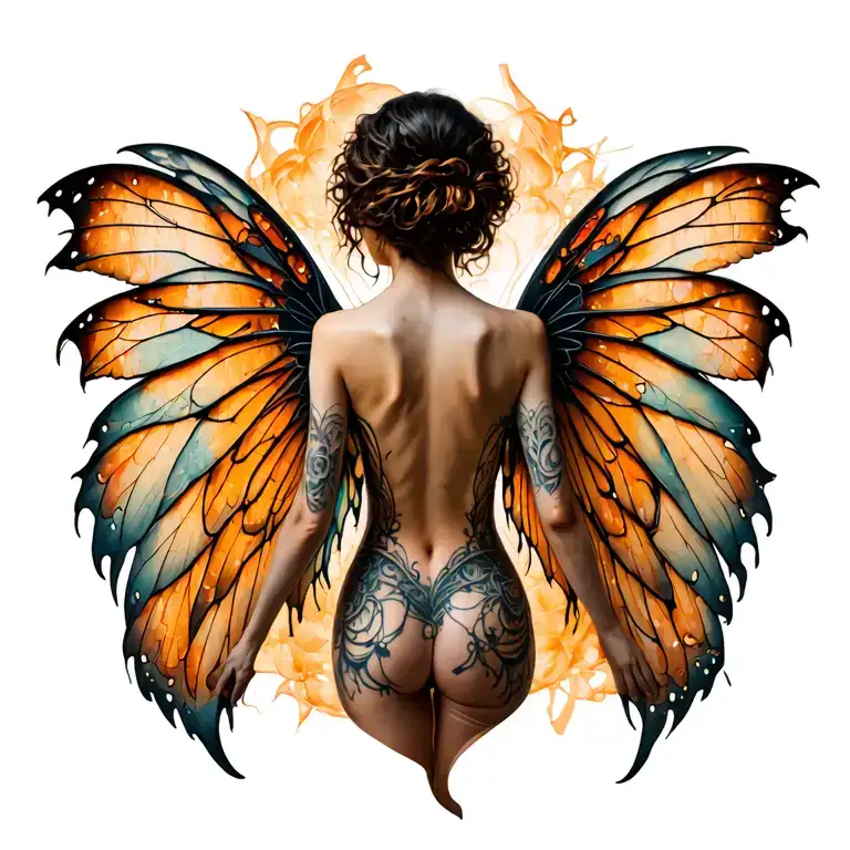 full length back tattoo of gothic fairy wings that have wholes and are a little torn up. tattoo design idea