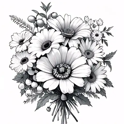 bouquet with 9 flowers. daisy, lily of the valley, hawthorn, poppy, aster, cosmos, marigold, marigold, and holly berry  tattoo design idea