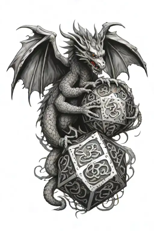 Twin dragons holding a d20 dice tattoo design idea