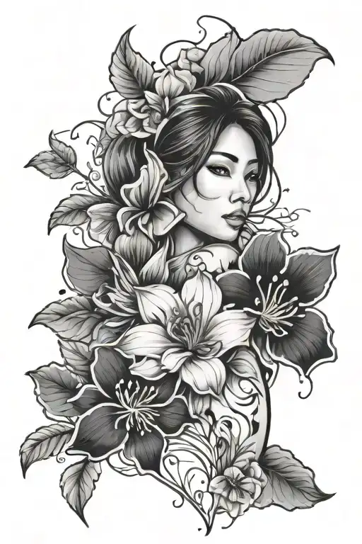 feminine floral outline design for leg sleeve. with bits of red ink throughout, Vietnamese girl as centre piece.  tattoo design idea