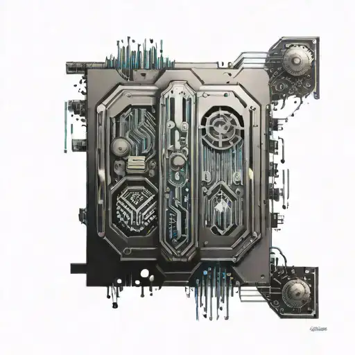 A futuristic tattoo design combining a bank vault with circuit board patterns tattoo design idea