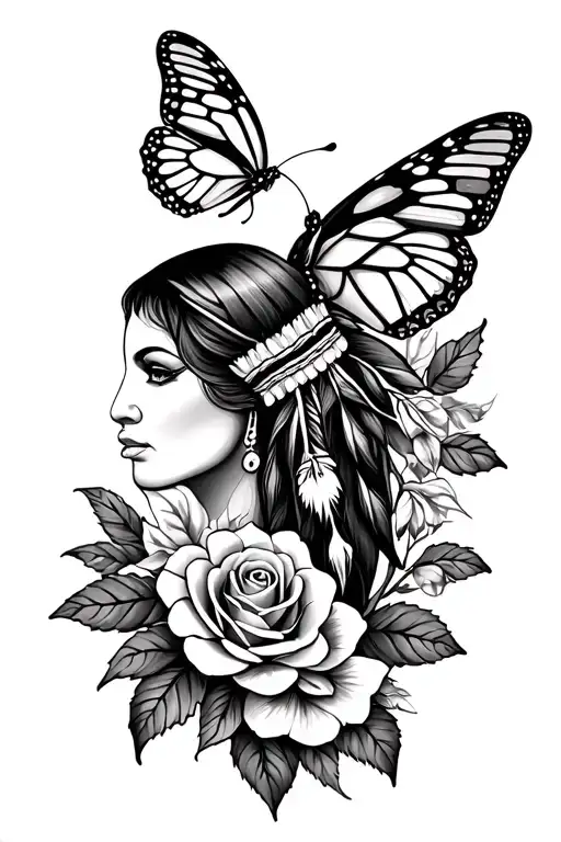 native American traditional tattoo with roses and butterflys  tattoo design idea