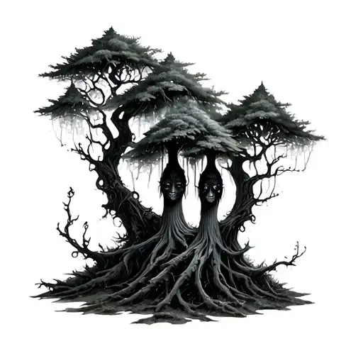 "Three small tree spirits, mystical forest, moss-covered floor, fine lines, slightly surreal, black and white or with San tattoo design idea