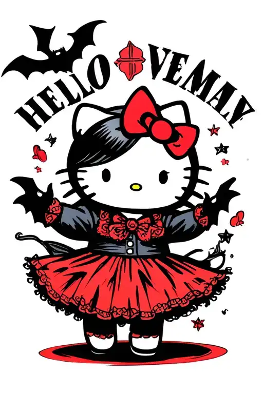 hello kitty wenesday addams dancing with bats flying tattoo design idea
