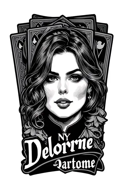 ny last name Delorme with followers and cards in the background tattoo design idea