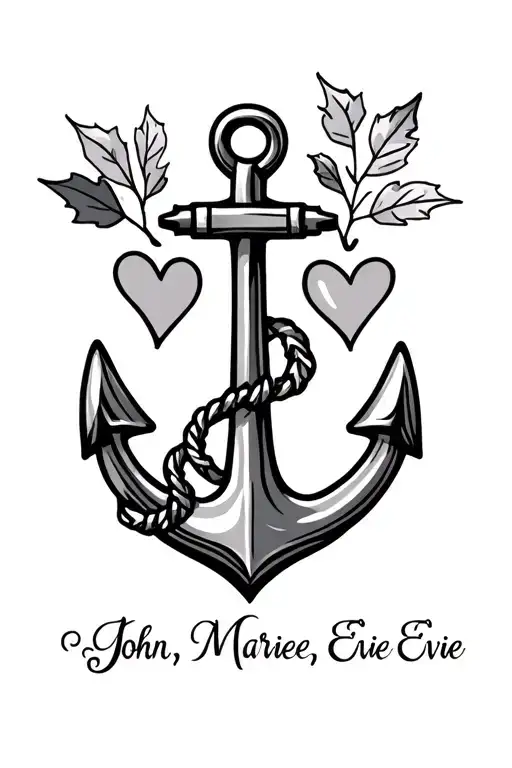 "John, Mariee, Evie" anchor, horse chestnut leaves, three hearts  tattoo design idea
