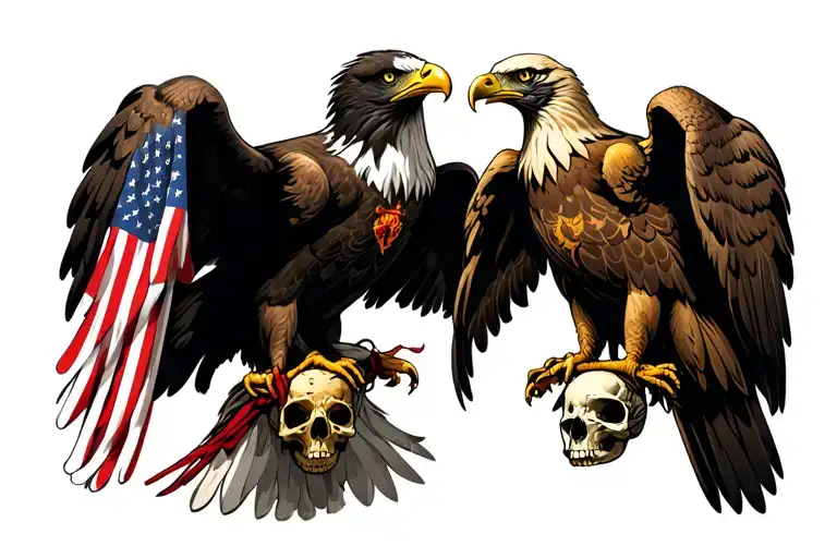 a bald eagle with an american flag tied to its leg, and a golden eagle with an albanian flag. Both eagles holding skulls tattoo design idea