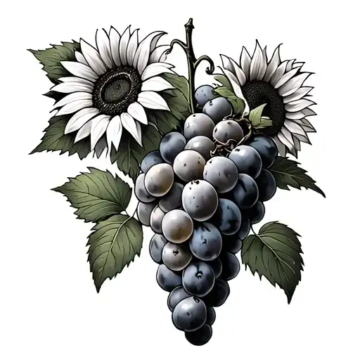 strwaberries grapes sunflowers long greens stems tattoo design idea