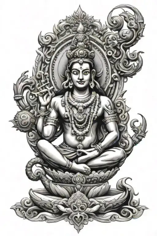 Create a unique tattoo design combining Hindu symbolism. The centerpiece should be Shivji's trishul and damru, artistica tattoo design idea