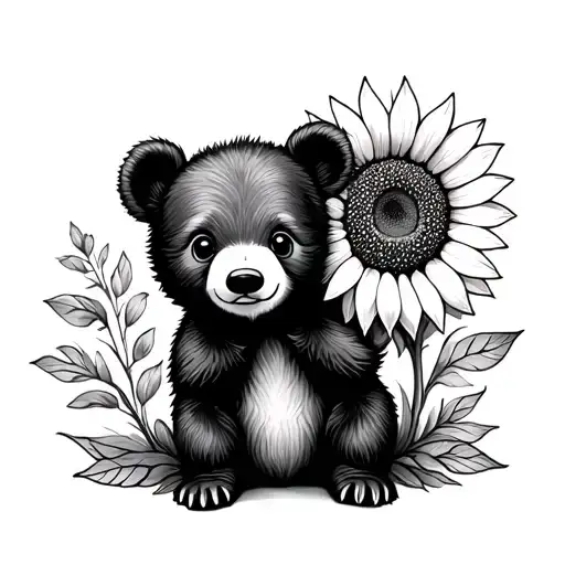 cute bear cub and sunflower tattoo design idea