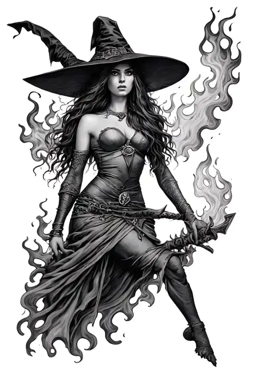 medieval sexy witch in long legs burn in flame tattoo design idea