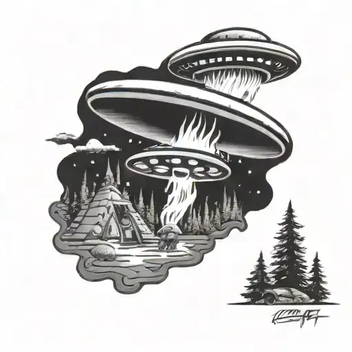 ufo beaming up camp fire tattoo design idea