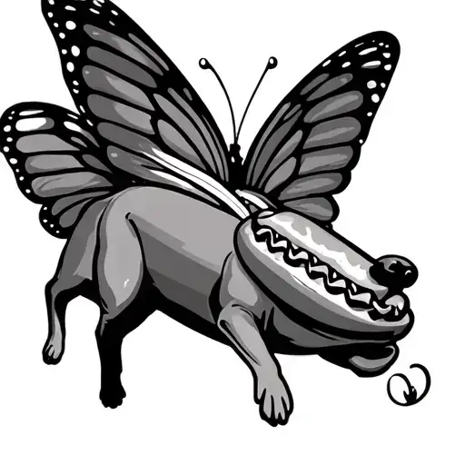 hot dog with butterfly wings flying with rainbow tattoo design idea