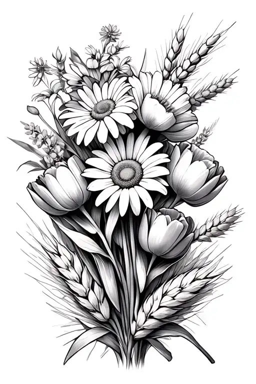 A bouquet with the flowers Madia should be in focus Daisy, Tulips and also a branch of a hemp vine, and wheat and malt.  tattoo design idea