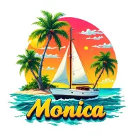 "Monica" "Monica" "Monica" "Monica" "Monica" "Monica" foreground white sailboat, sunrise sky small background island with palm tree.  ocean vibrant colors, bubble letters tattoo design idea