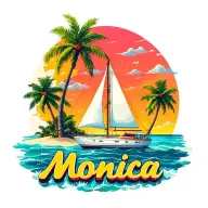 "Monica" "Monica" "Monica" "Monica" "Monica" "Monica" foreground white sailboat, sunrise sky small background island with palm tree.  ocean vibrant colors, bubble letters tattoo design idea