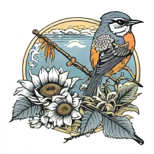 A Fly Rod, Sunflower and Robin bird perched tattoo design idea