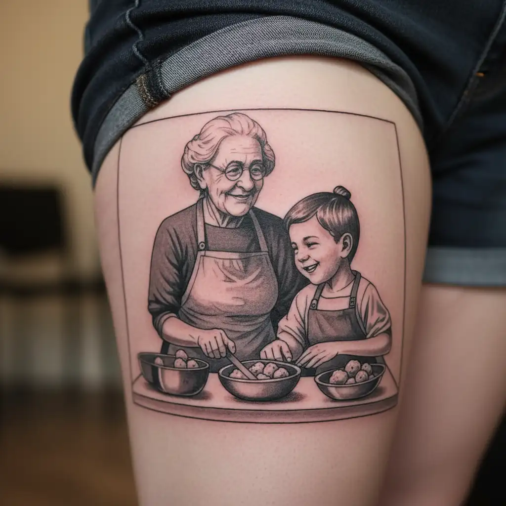 grandma and grandson cooking tattoo design idea