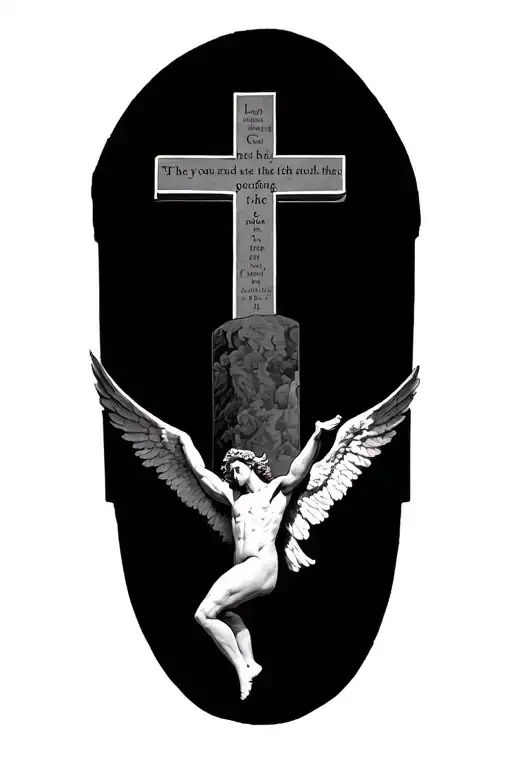 icarus falling angel with a cross behind him and a bible verse on top corinthians 16:17 tattoo design idea