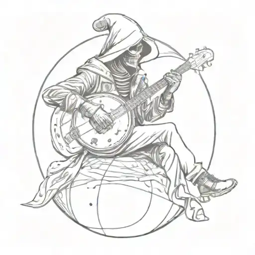 grim reaper wearing a leather jacket and wearing combat boots while playing the banjo and sitting on the globe tattoo design idea