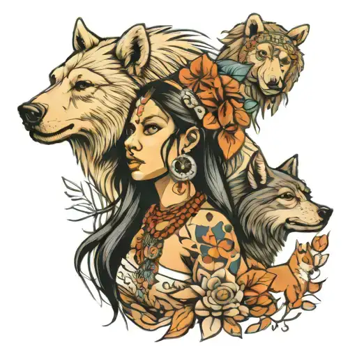 indian women and bear and a wolf tattoo design idea