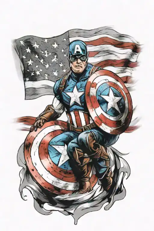 captain america shield in front of American flag tattoo design idea