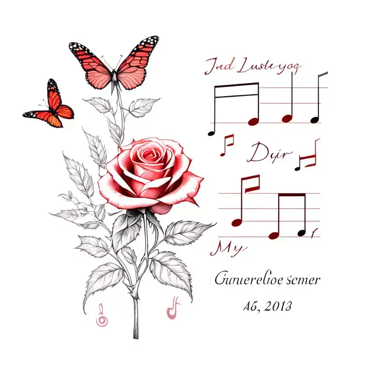  red rose surrounded my music notes with butterfly and date and initials  tattoo design idea