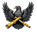 black eagle with wings spread with fully golden can in first leg and  golden stick in the second pal on dark background tattoo design idea