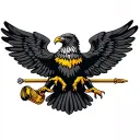 black eagle with wings spread with fully golden can in first leg and  golden stick in the second pal on dark background tattoo design idea