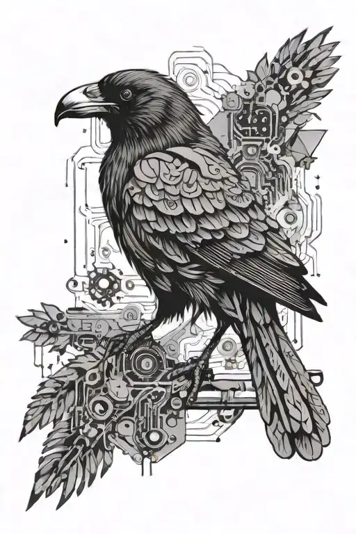 An epic-looking crow Sitting on a perch with intricate circuit boards and PCB designs running throughout its feathers.  tattoo design idea