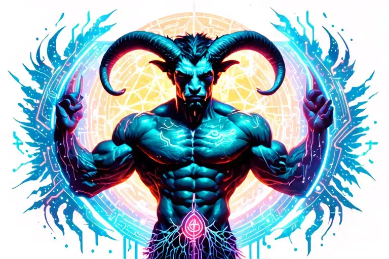 gay male horned lustful satyr with massive bodybuilder muscles. tree roots, constellations, musclepig, BDSM, nipples tattoo design idea