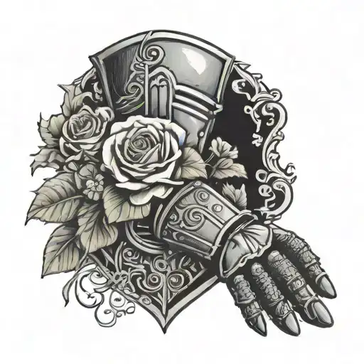 Medieval knight glove holding flowers tattoo design idea