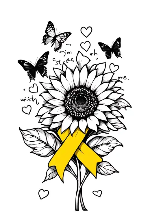 sunflower yellow ribbon wrapped  with butterfly and hearts writting with pains comes great strength  tattoo design idea