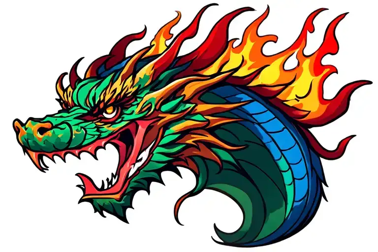 american traditional dragon head with flames tattoo design idea