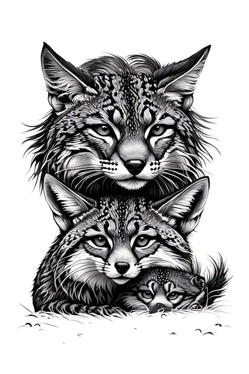 three animals playing together a lynx, irbis and fox tattoo design idea