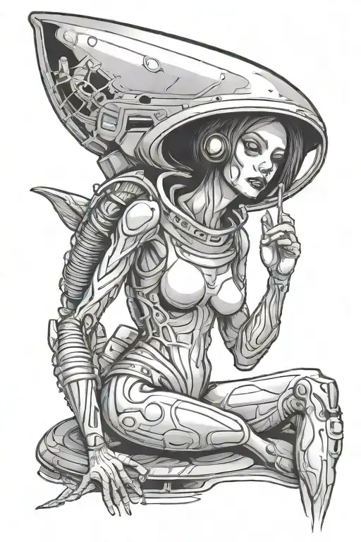 alien female full figure smoking weed with a spaceship in the background  tattoo design idea