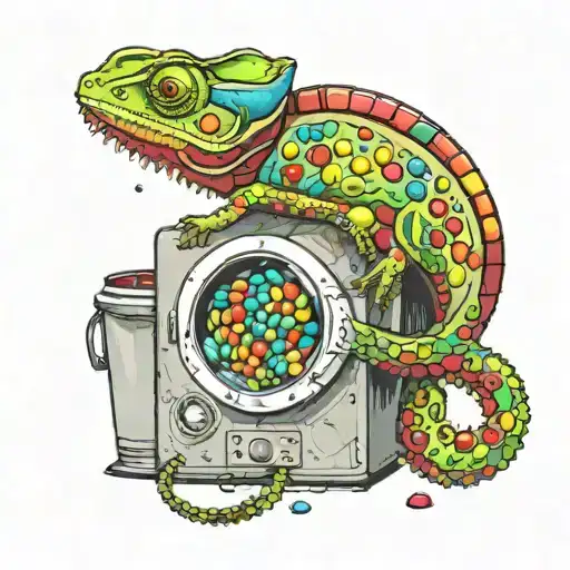 chameleon inside a washing machine full of mnms in the middle of the ocean in rough seas tattoo design idea